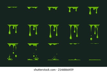 Slime dripping. Zombie green liquid drops animation. Mucus or paint flows. Toxic drop and splats, moving for cartoon, exact vector elements