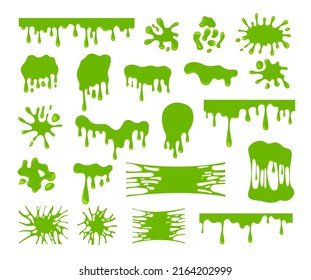 Slime drops. Dripping sticky texture, cartoon mucus splash and drop. Green blots and border, decorative toxic liquid paint. Exact vector jelly elements