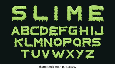 Slime font. Alphabet with green flow drops and goo splash for Halloween lettering. Latin abc. Liquid toxic radioactive symbols in zombie style isolated on black background. Cartoon vector illustration