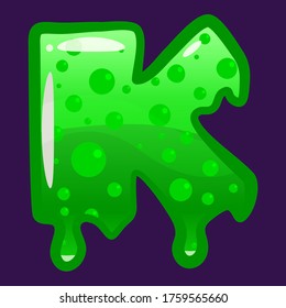 Slime font type letter K latin alphabet. Green bubbling toxic mold. Vector cartoon style illustration