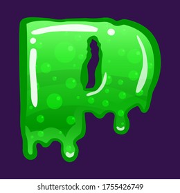 Slime font type letter P latin alphabet. Green bubbling toxic mold. Vector cartoon style illustration