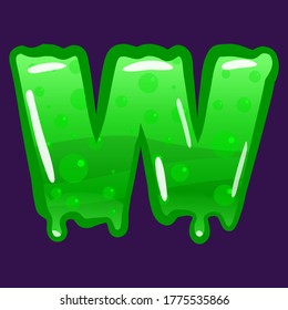 Slime font type letter W latin alphabet. Green bubbling toxic mold. Vector cartoon style illustration