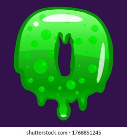 Slime font type number 0 latin alphabet. Green bubbling toxic mold. Vector cartoon style illustration