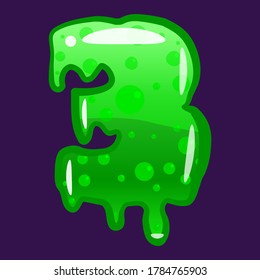 Slime font type number 3 latin alphabet. Green bubbling toxic mold. Vector cartoon style illustration