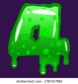 Slime font type number 4 latin alphabet. Green bubbling toxic mold. Vector cartoon style illustration