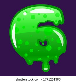 Tipo de letra delgado número 6 alfabeto latino. Molde tóxico que burbuja verde. Ilustración de estilo de dibujos animados