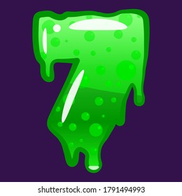 Slime font type number 7 latin alphabet. Green bubbling toxic mold. Vector cartoon style illustration