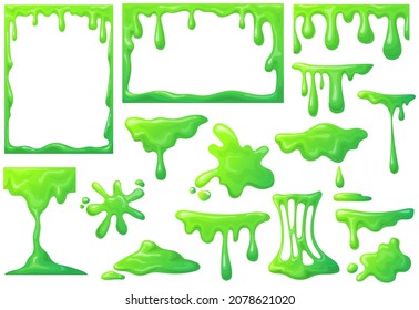 Slime frame. Cartoon mucus green goo drip sticky slimy mucus, liquid splash splatter, viscous snot, blob poison, splodge glow glue jelly, neat vector icon. Illustration of paint mucus, blob slime