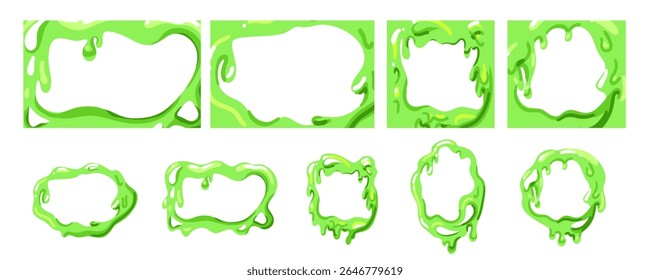 Slime green frame. Different forms border for graphic design. Melting liquid, abstract blob drip, square and round, jelly splash and spot. Decorative background. Vector cartoon isolated set