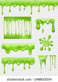 Slime. Green Glue dipping and flowing liquid drops and toxic splashes vector pictures