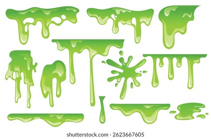 Slime green melting, splash, vector set