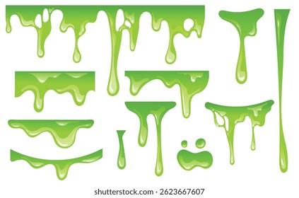 Slime green melting, splash, vector set