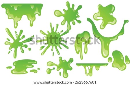 Slime green melting, splash, vector set