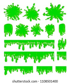 Slime green spot set. Splash drops in greenish color, liquid or paint blobs. Vector flat style cartoon slime illustration isolated on white background
