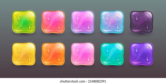 Slime gui elements. Cartoon colorful square glossy buttons set. Vector jelly multicolored assets for game or web ui design.