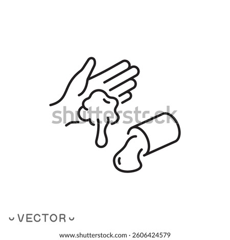 slime icon, sticky substance in hand, thin line symbol concept isolated on white background, editable stroke eps 10 vector illustration