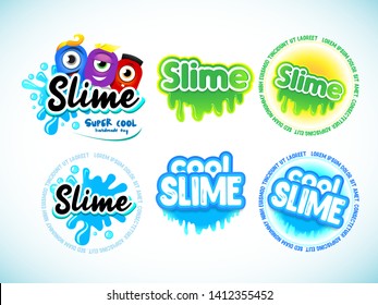 Slime logotype templates set.  Cartoon monster characters. Liquid green and blue slime. Letters with blots, splashes and smudges. Glossy typeface. Drops slime isolated on white background