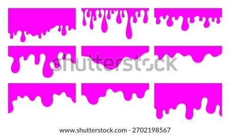 Slime melt border backgrounds. Liquid ice cream drip template frames. Pink dropping paint. Sweet sauce texture design.