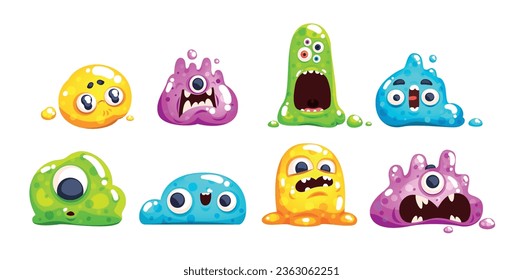 Slime monsters. Fantastic jelly stain monster, sticky liquid crazy creatures slimes blob gel characters, candy purple color glitter creature, game classy vector illustration of slime jelly monster