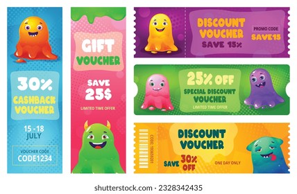 Slime monsters voucher templates. Funny cashback voucher with sticky jelly characters, colorful discount banner vector set. Comic creatures with happy faces for gift cards, funny animals