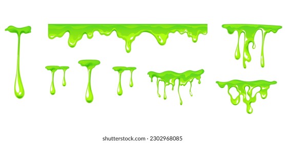 Slime mucus drip jelly green spooky splash isolated set. Vector graphic design illustration