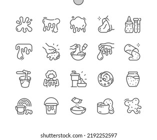 Slime. Mucus liquid. Kids toy. Slime in bottle and container. Pixel Perfect Vector Thin Line Icons. Simple Minimal Pictogram