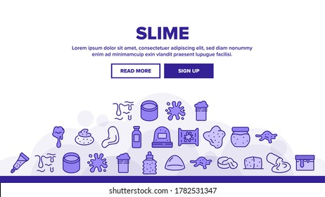 Slime Mucus Liquid Landing Web Page Header Banner Template Vector. Slime In Bottle And Container, Tube And Package, Dripping And Splash, Slimy Blob Illustrations