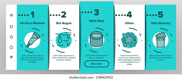 Slime Mucus Liquid Onboarding Mobile App Page Screen Vector. Slime In Bottle And Container, Tube And Package, Dripping And Splash, Slimy Blob Illustrations