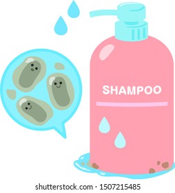 Slime on a shampoo bottle bottom and bacteria character
