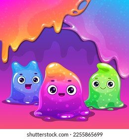 Slime poster wwith funny cute cartoon slimy characters. Comic colorful jelly monsters.