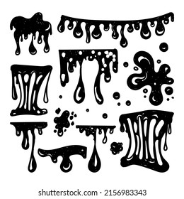 Slime Set. Slime frame, doodle-style painted elements. Black splashes of mucus, stretching slime, toxic dripping mucus. Slime splatter and droplets, liquid borders. Isolated vector decorative shapes.