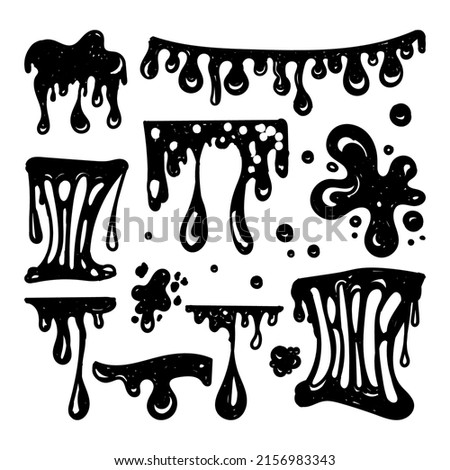 Slime Set. Slime frame, doodle-style painted elements. Black splashes of mucus, stretching slime, toxic dripping mucus. Slime splatter and droplets, liquid borders. Isolated vector decorative shapes.