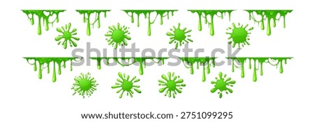 Slime splash set with green dripping shapes and sticky blobs on white background. Jelly texture elements of gooey borders, toxic splatter effects and cartoon slime puddles for Halloween game design.