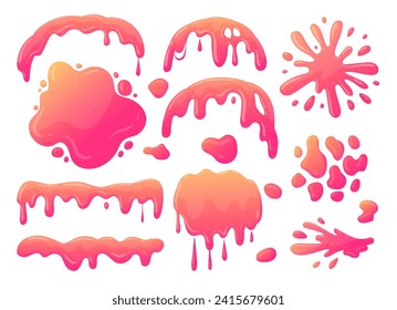 Slime splashes. Jelly dripping spots, goo sticky liquid slime blobs, jello borders and frames flat vector illustration set. Mucus splatters