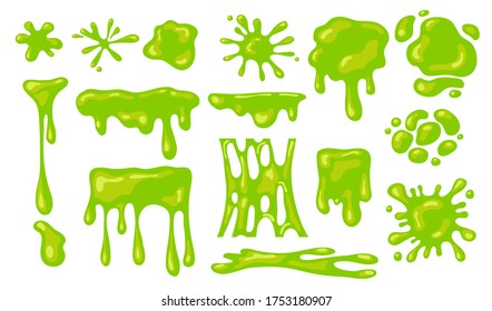 Disparos delgados. Blobs verdes de moco o bien. Ilustración vectorial plana, formas abstractas líquidas aisladas en fondo blanco