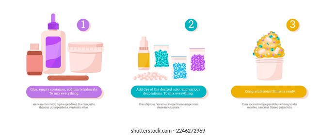 Slime toy making process infographic, flat vector illustration isolated on white background. Steps of creation of stick toy for kids. Glue and sodium tetraborate bottles, dye and decorations.