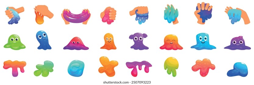 Slime toys icons set. Set of colorful slime being squeezed, pulled, taking funny shapes and faces, isolated on white background