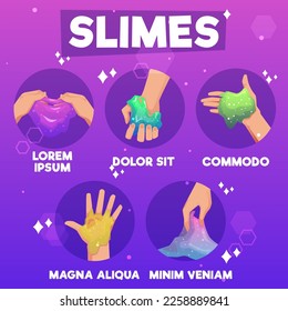 Slime toys infographic banner design with various kinds of slime, flat vector illustration on color background. Card or banner for slimy kids toys packs design.