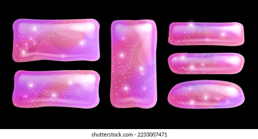 Slime UI rectangle button set, vector pink glossy texture tile, cartoon cute frame shiny shapes. Game jelly menu banner collection, mobile app badge assets. Slime Halloween button border clipart