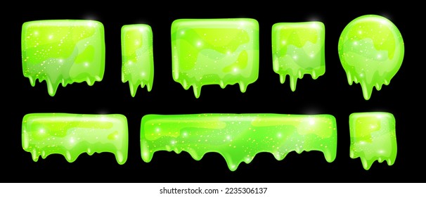 Slime vector frame set, 3D jelly liquid toxic cartoon dripping mucus kit, green Halloween splat. Poison sticky goo, transparent spooky radioactive blob, paint splash blot. Green slime horror clipart