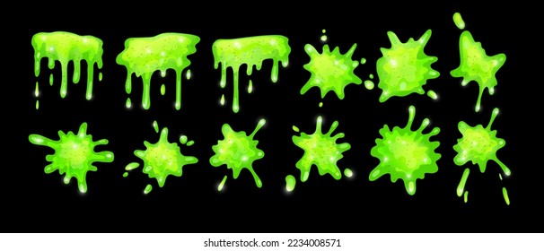 Slime vector set, dripping green Halloween splat, 3D jelly cartoon mucus kit, liquid toxic drop. Poison sticky goo, paint splash blot, transparent spooky radioactive blob. Green slime horror clipart