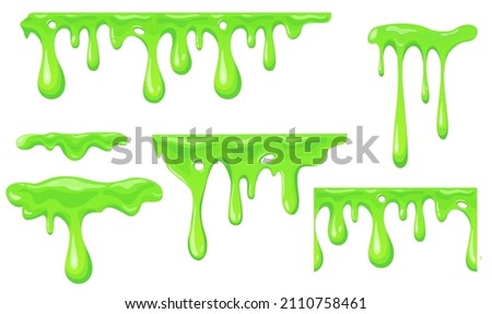 Slime vector set. Green cartoon slime. Goo blob splashes, sticky dripping mucus. Halloween liquid, Slimy drops, messy borders for Halloween banners. Isolated vector spooky toxic drip texture set