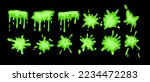 Slime vector set, green dripping Halloween splat, liquid toxic drop, 3D jelly cartoon mucus kit. Poison sticky goo, paint splash blot, transparent spooky radioactive blob. Green slime horror clipart