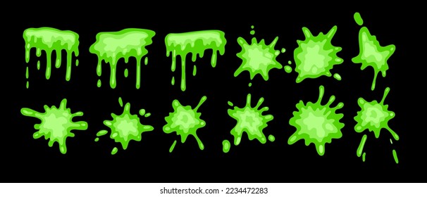 Slime vector set, green dripping Halloween splat, liquid toxic drop, 3D jelly cartoon mucus kit. Poison sticky goo, paint splash blot, transparent spooky radioactive blob. Green slime horror clipart