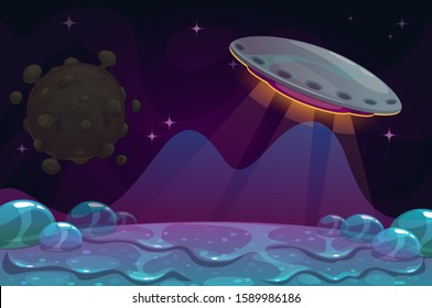 Slime world backcround. Fantasy alien landscape with UFO and slimy ground. Vector illustration.