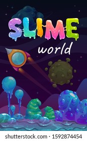 Slime world background. Alien fantasy slimy landscape. Magic book or magazine cover, web page template. Vector cartoon space illustration.