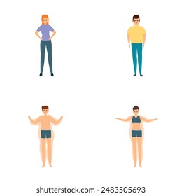 Slimming concept icons set cartoon vector. People after diet and fitness. Weight loss process