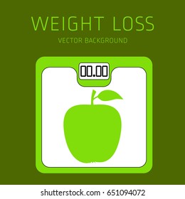 Slimming concept, weight loss, exercise, sports equipment, nutrition, vector background, health, banner, silhouette, scales, apple