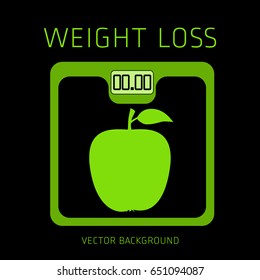 Slimming concept, weight loss, exercise, sports equipment, nutrition, vector background, health, banner, silhouette, scales, apple