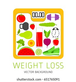 Slimming concept, weight loss, exercise, sports equipment, nutrition, vector background, health, banner, silhouette